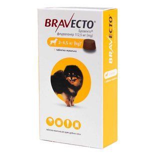 Bravecto (Бравекто) MSD Animal Health - Противоразитарные жевательные таблетки от блох и клещей для собак (1 таблетка) - 2-4,5 кг MSD14650 фото
